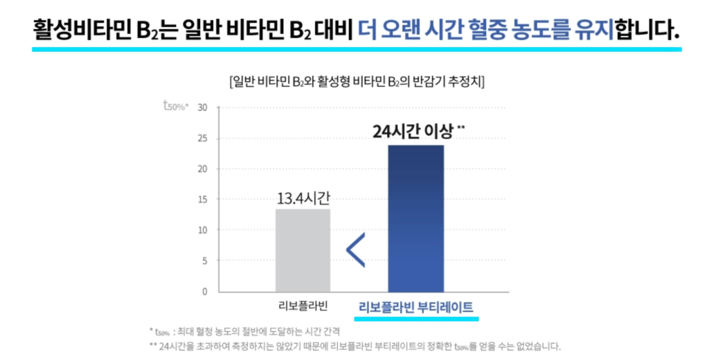 활성비타민B2는 일반비타민 B2 대비 더 오랜시간 혈중농도를 유지합니다